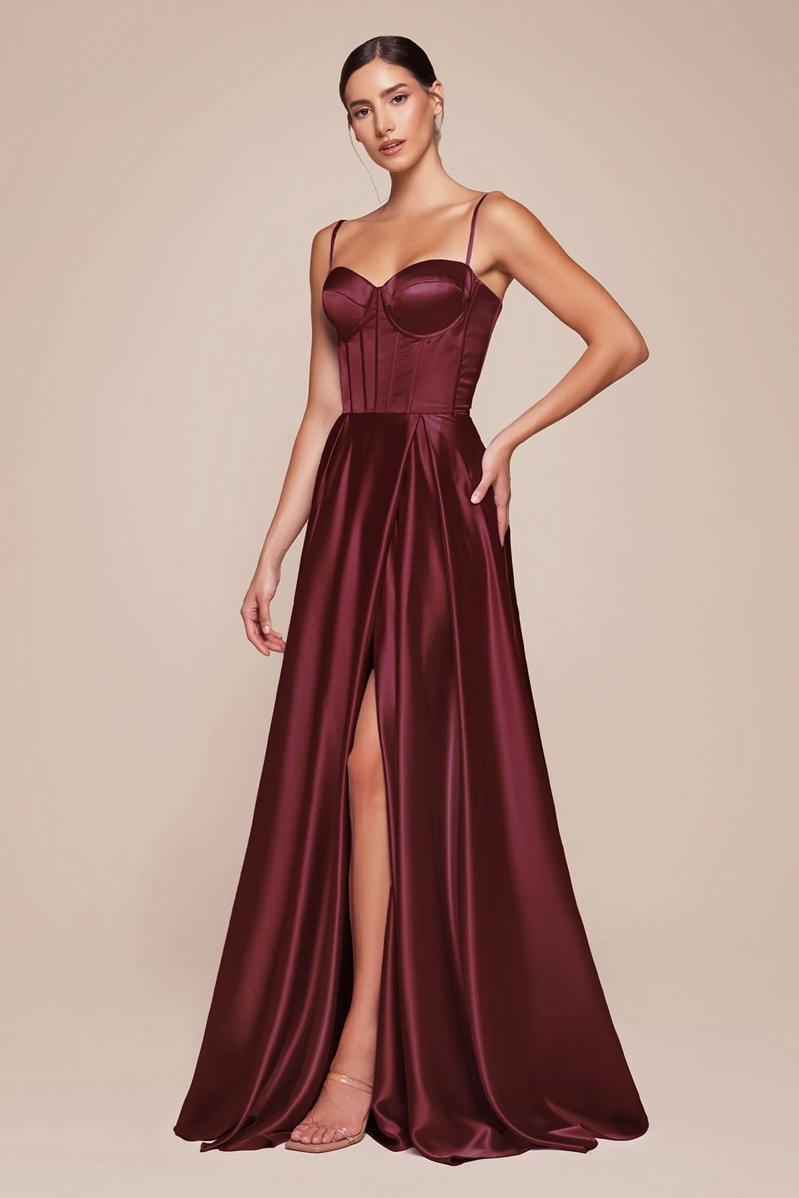 Satin Sleeveless Corset A-line Slit Gown by Ladivine CD337