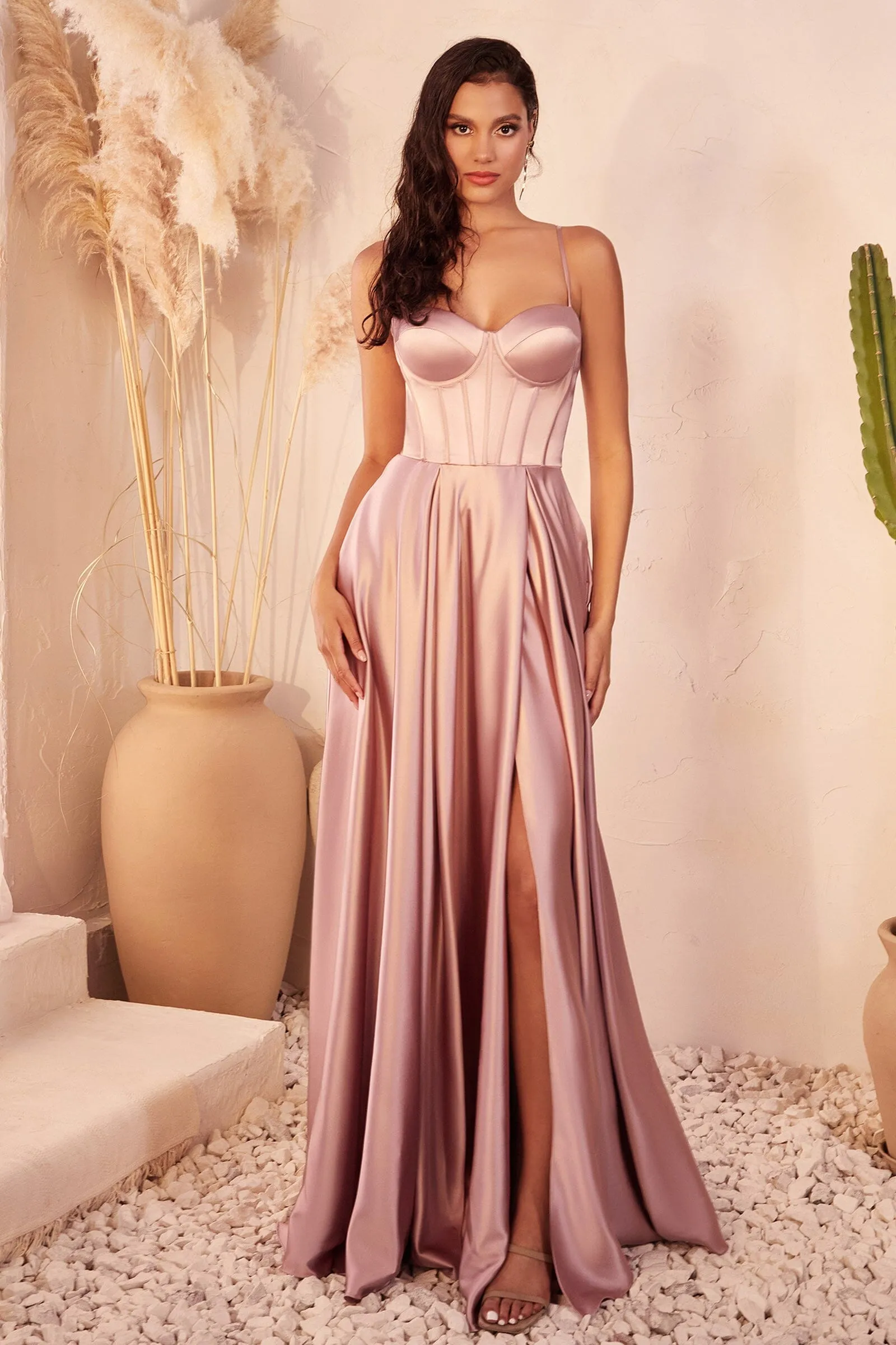 Satin Sleeveless Corset A-line Slit Gown by Ladivine CD337