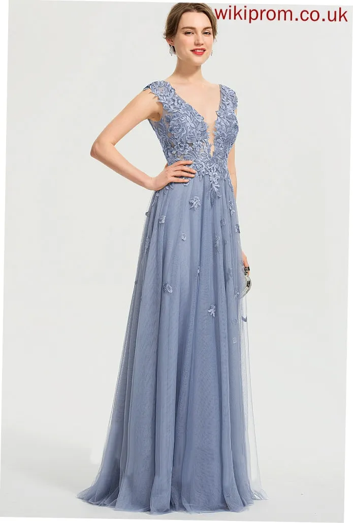 Sequins Prom Dresses Lace With V-neck Tulle Floor-Length Amirah A-Line