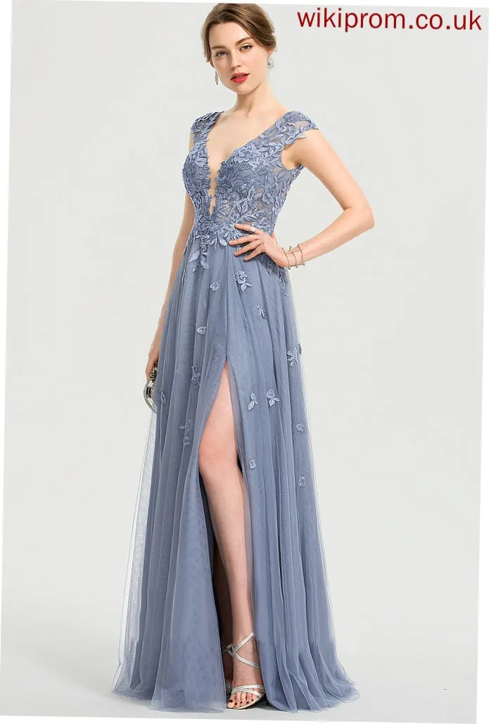 Sequins Prom Dresses Lace With V-neck Tulle Floor-Length Amirah A-Line