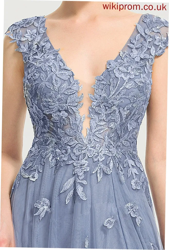 Sequins Prom Dresses Lace With V-neck Tulle Floor-Length Amirah A-Line