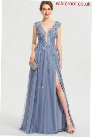 Sequins Prom Dresses Lace With V-neck Tulle Floor-Length Amirah A-Line