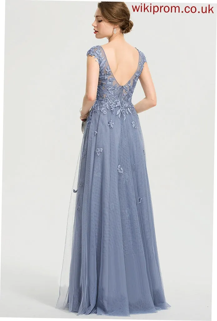 Sequins Prom Dresses Lace With V-neck Tulle Floor-Length Amirah A-Line