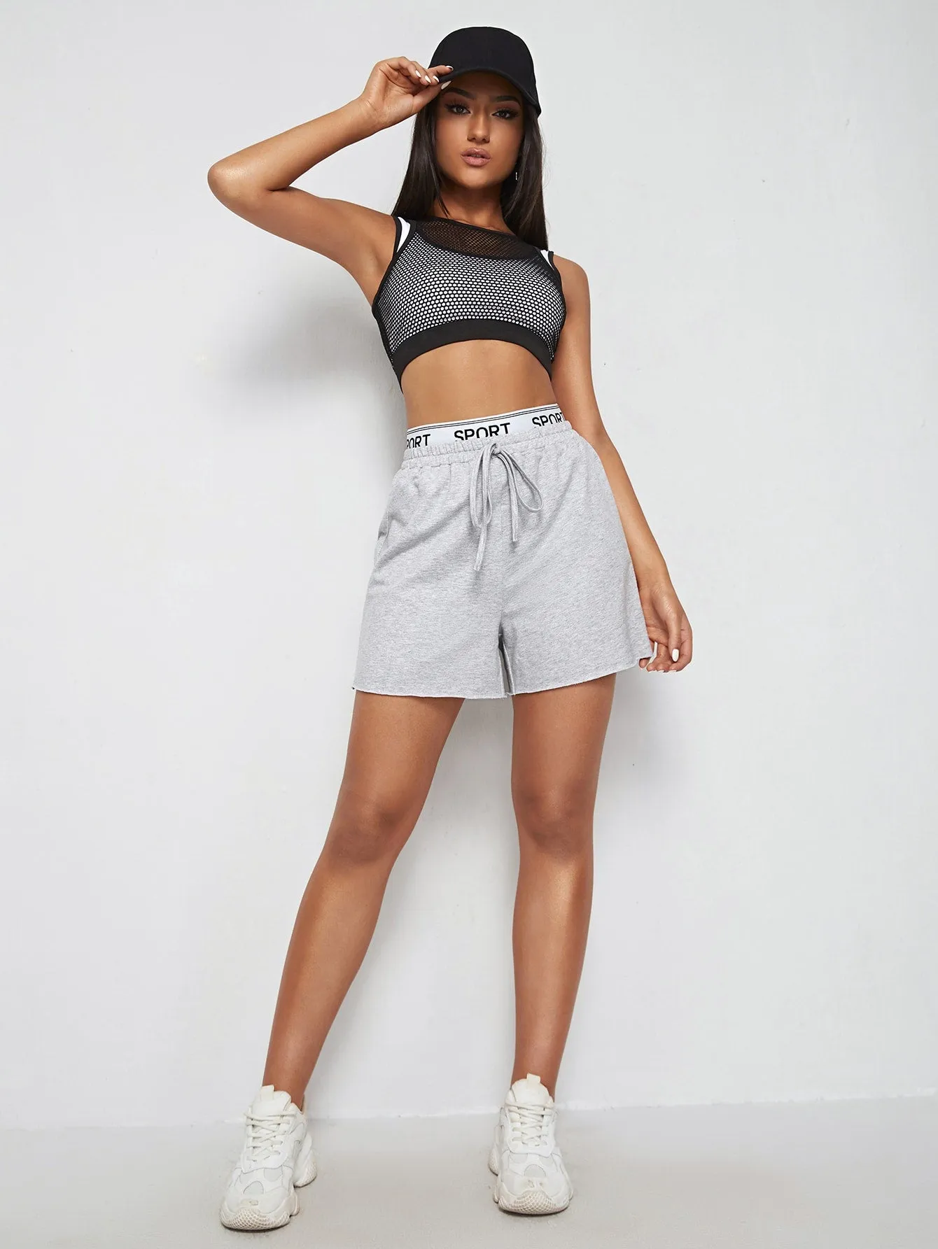 Sporty Letter Tape Natural Women Shorts
