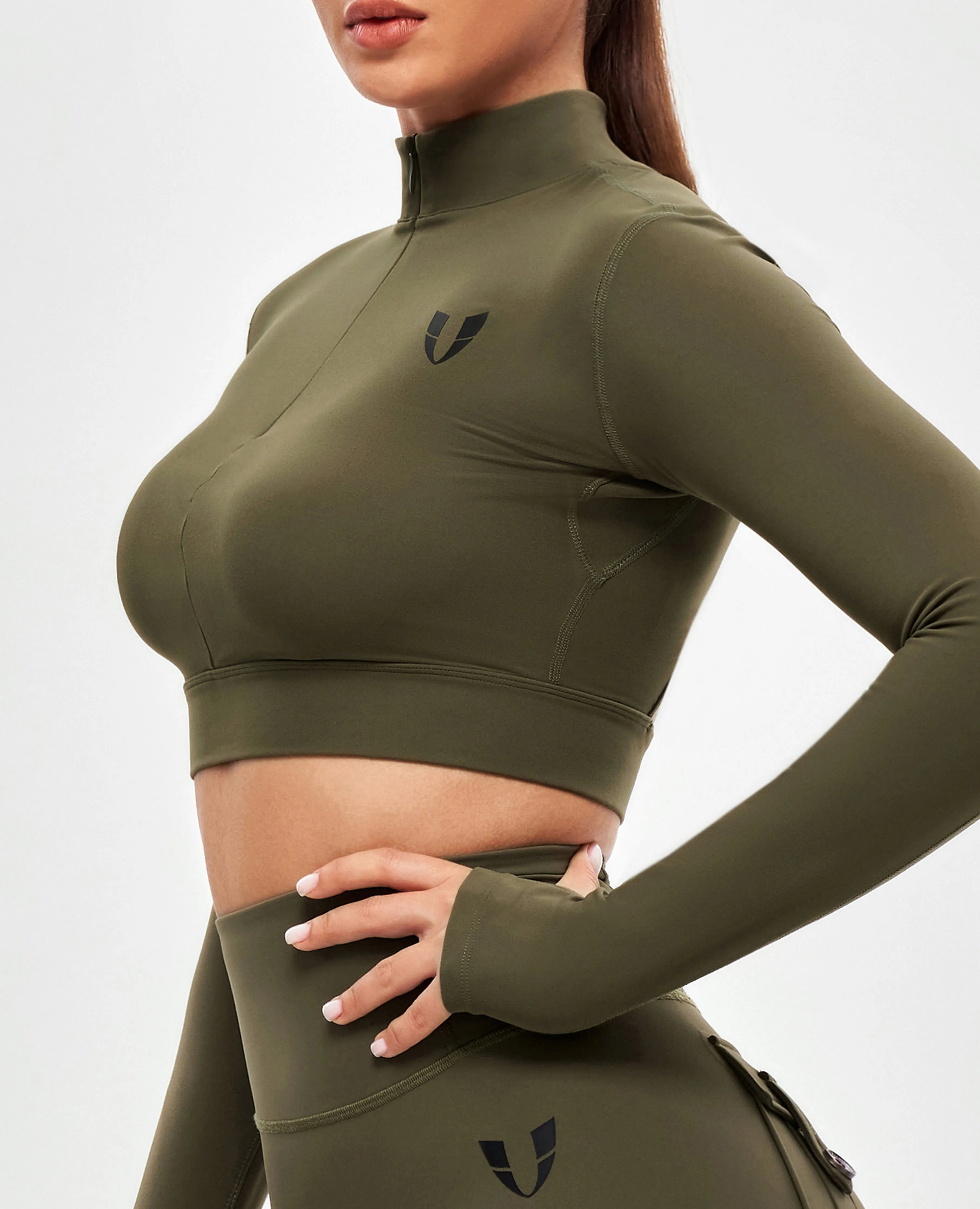 Stand Collar Crop Top - Combat Green