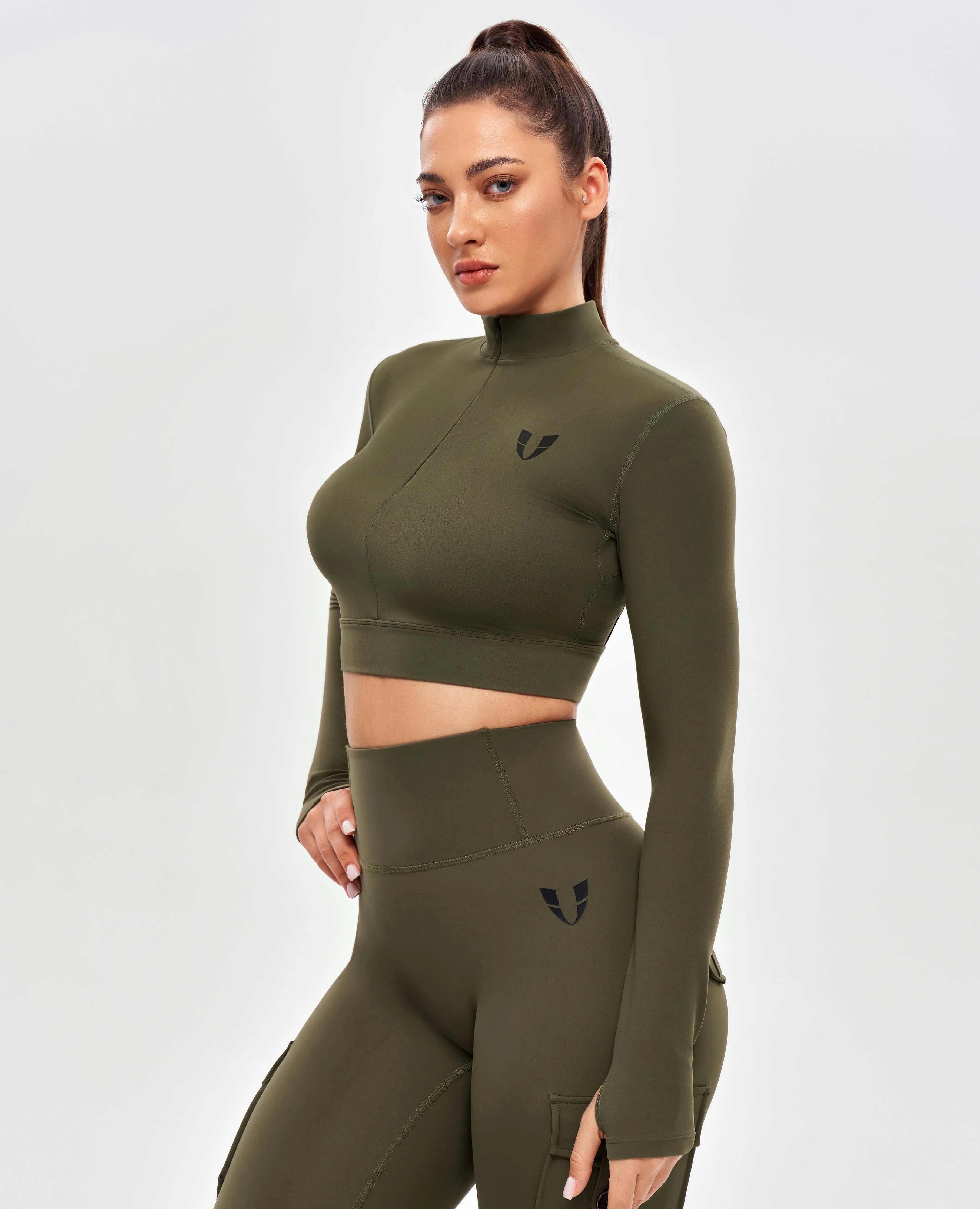 Stand Collar Crop Top - Combat Green