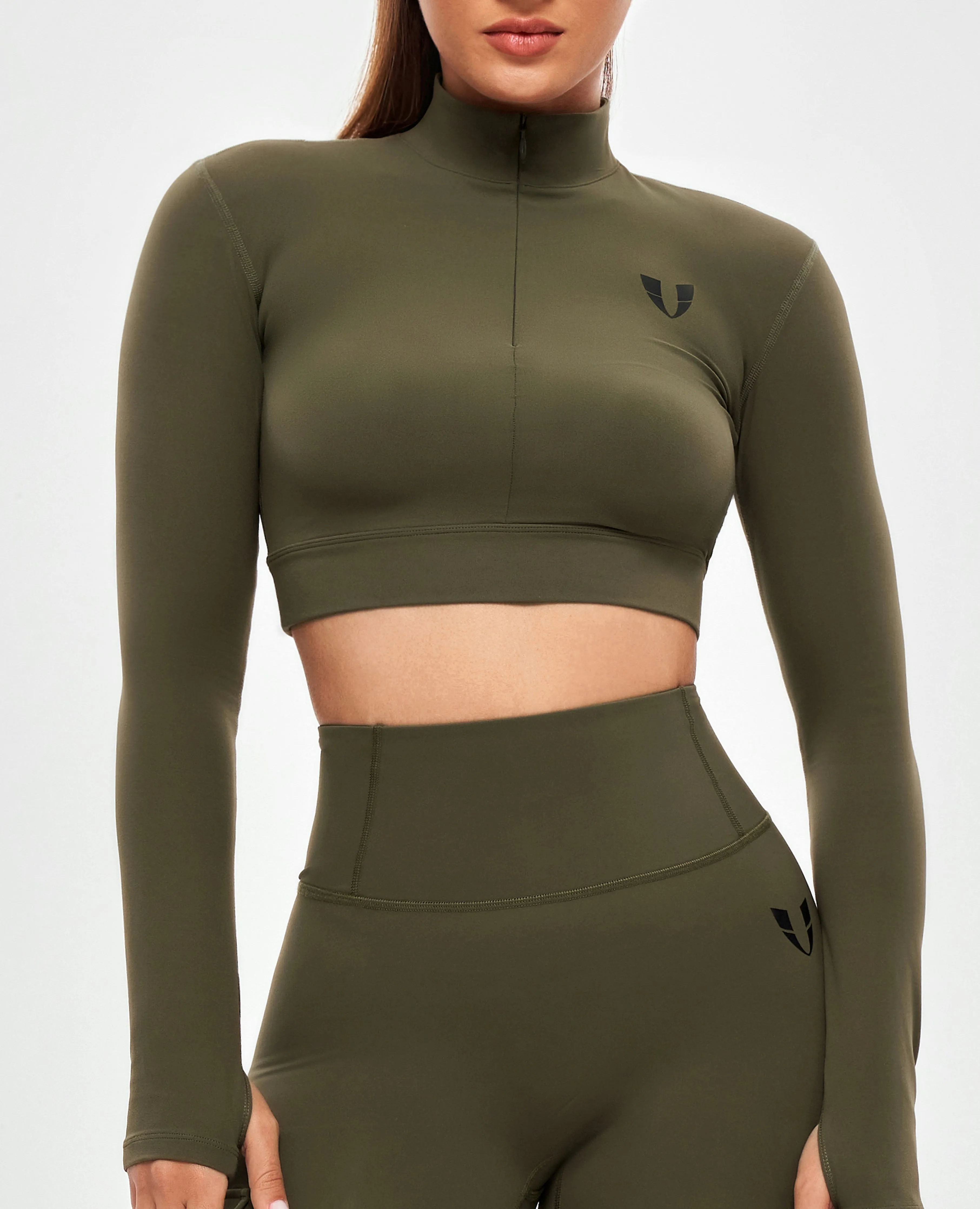 Stand Collar Crop Top - Combat Green