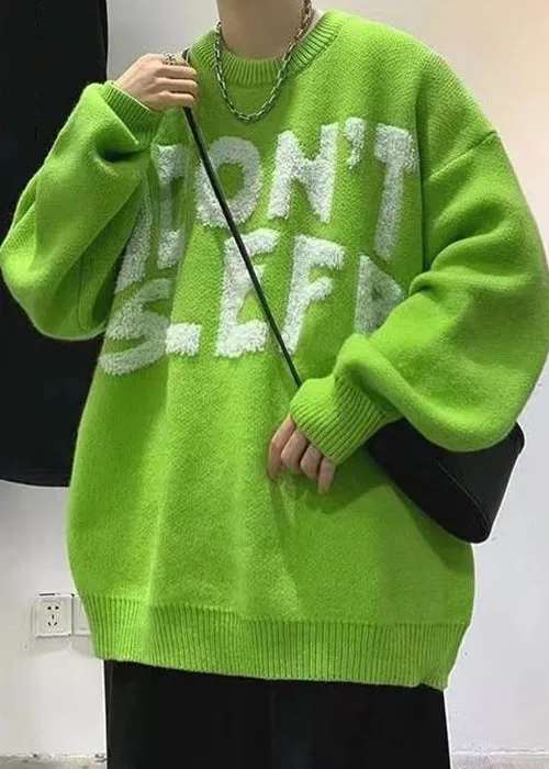 Stylish Green O Neck Letter Cozy Knit Men Sweaters Winter QF027
