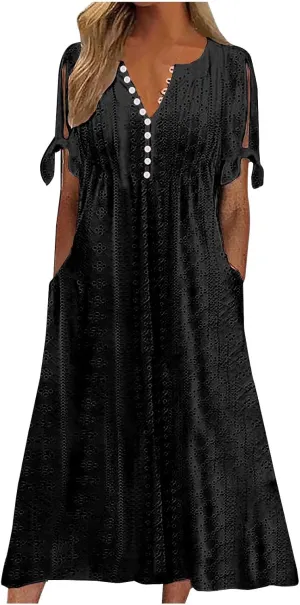 TARIENDY Eyelet Dress for Women 2025 Summer Boho Dresses Casual Short Sleeve Midi Dress Beach Vacation Outfits with Pockets