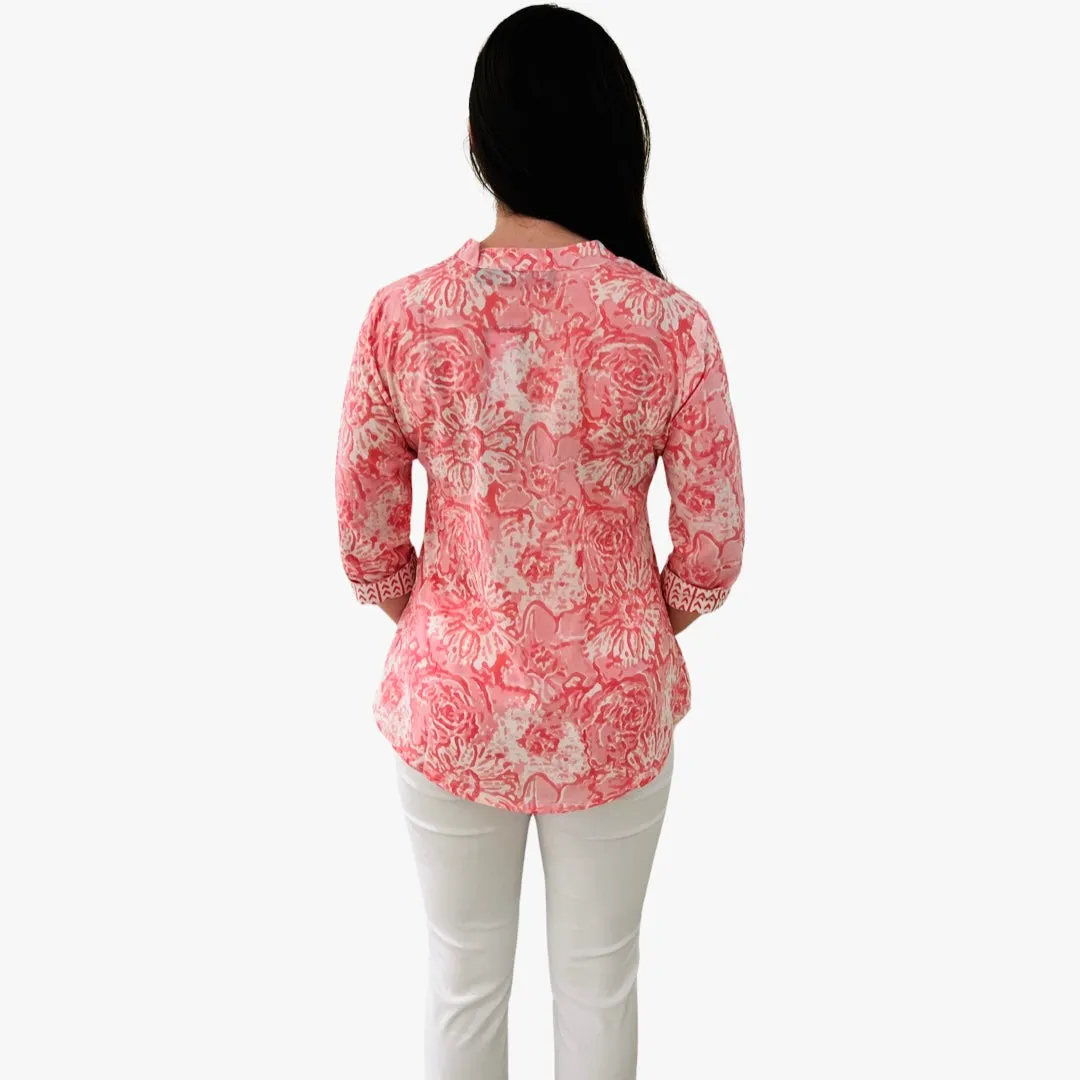 The Eloise Cotton Block Print Top in Pink Petunia Floral