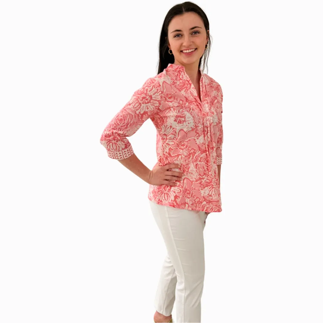 The Eloise Cotton Block Print Top in Pink Petunia Floral