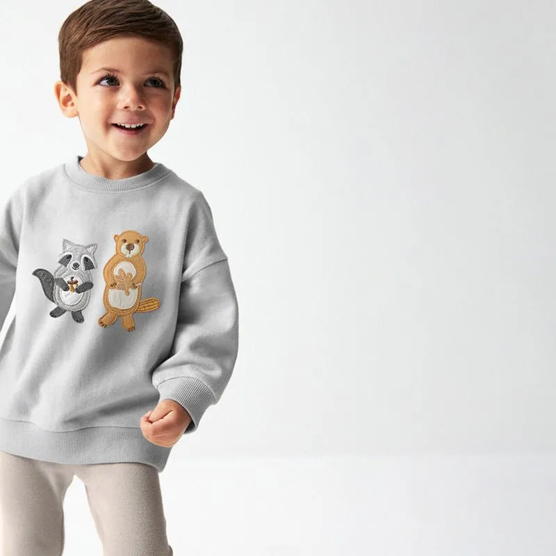 Toddler/Kid Boy Raccoon and Beaver Embroidery Sweatshirt with Pants Set