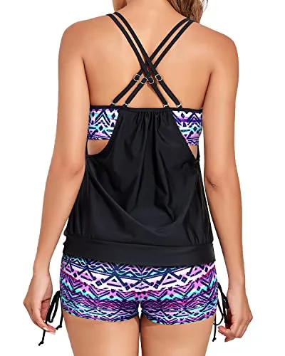 Two Piece Push Up Padded Bra Tankini Swimsuits Tummy Control Swimwear-Black And Tribal Purple