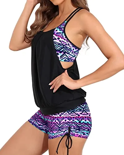 Two Piece Push Up Padded Bra Tankini Swimsuits Tummy Control Swimwear-Black And Tribal Purple