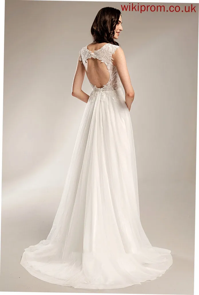 With Sequins Wedding Dresses V-neck Train Pat Tulle Dress A-Line Lace Wedding Court