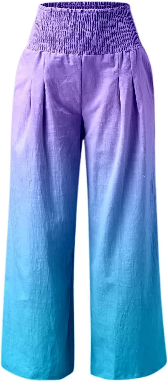 Women Linen Pants 2025 Summer Casual Loose Wide Leg Palazzo Pants Smocked High Waist Flowy Beach Trousers with Pockets