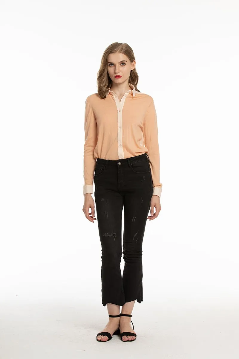 Woolen Bloom Women's Button Down Blouse Wool Long Sleeve Casual Office Work Blouse Shirts Tops